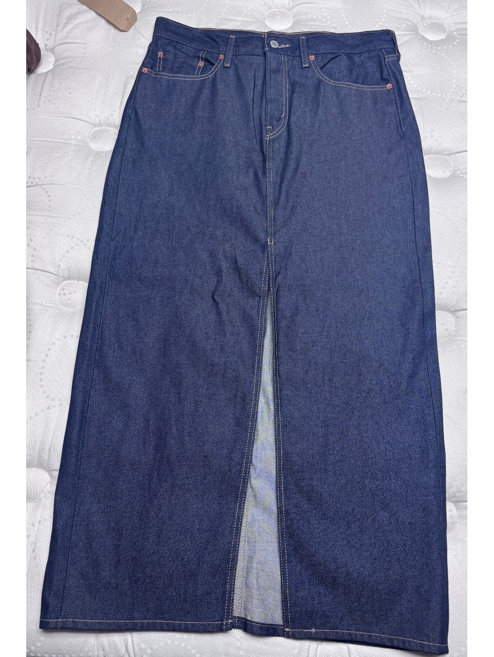 Levi’s Premium A7512 High Rise Maxi Denim Skirt Dark Wash Front Slit Size 30